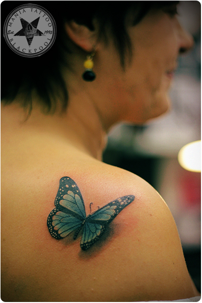 blue butterfly by mania tattoo blackpool